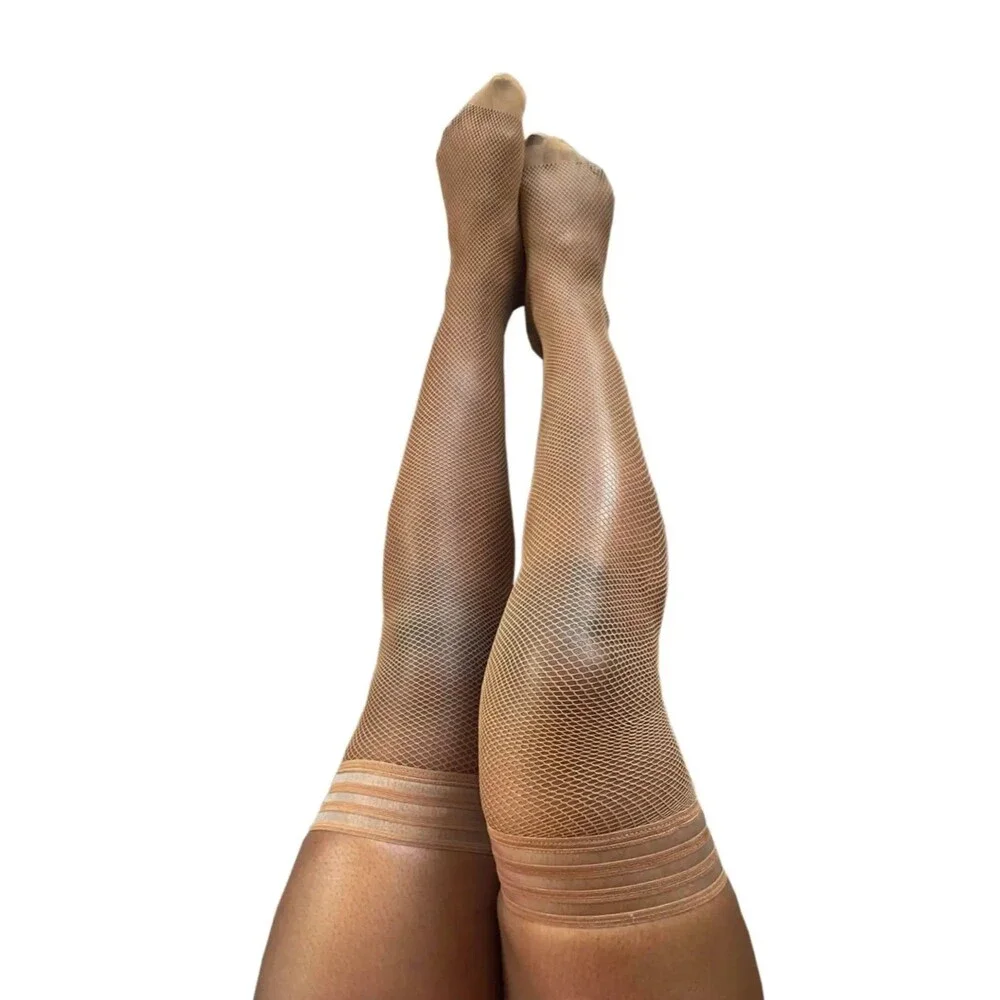 Kix'ies Andie Chocolate Brown Fishnets Thigh Highs Stay Up Stockings, Size D